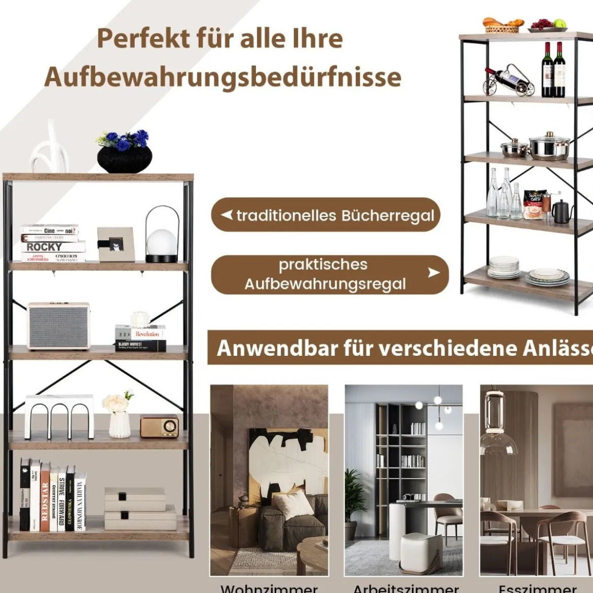 Bücherregal mit 5 Ebenen & Metallrahmen & Industrie-Design Standregal Büroregal Grau