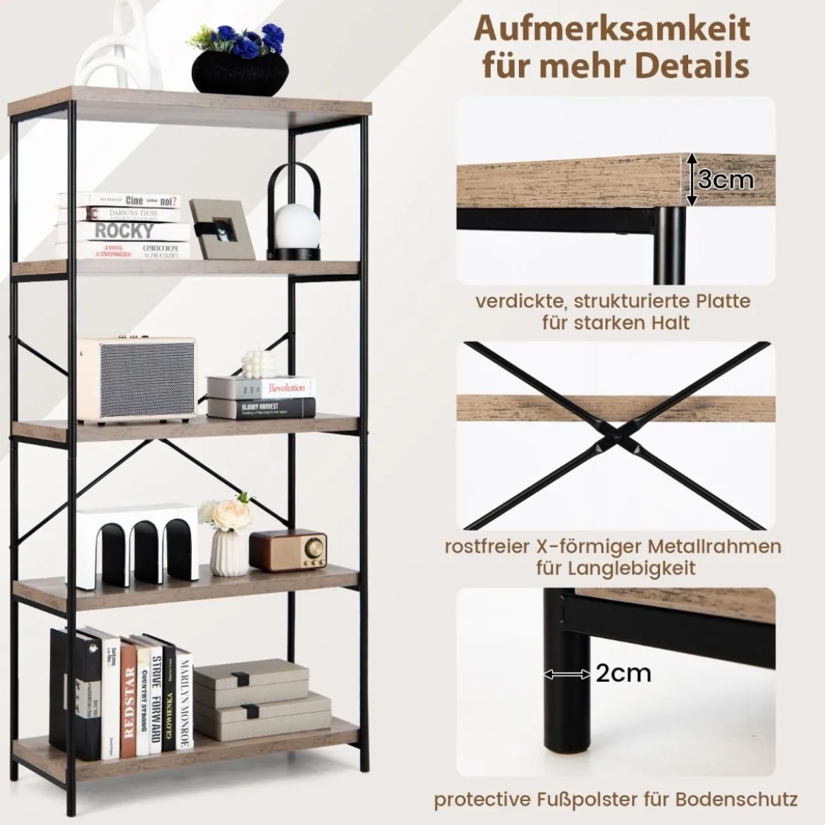 Bücherregal mit 5 Ebenen & Metallrahmen & Industrie-Design Standregal Büroregal Grau