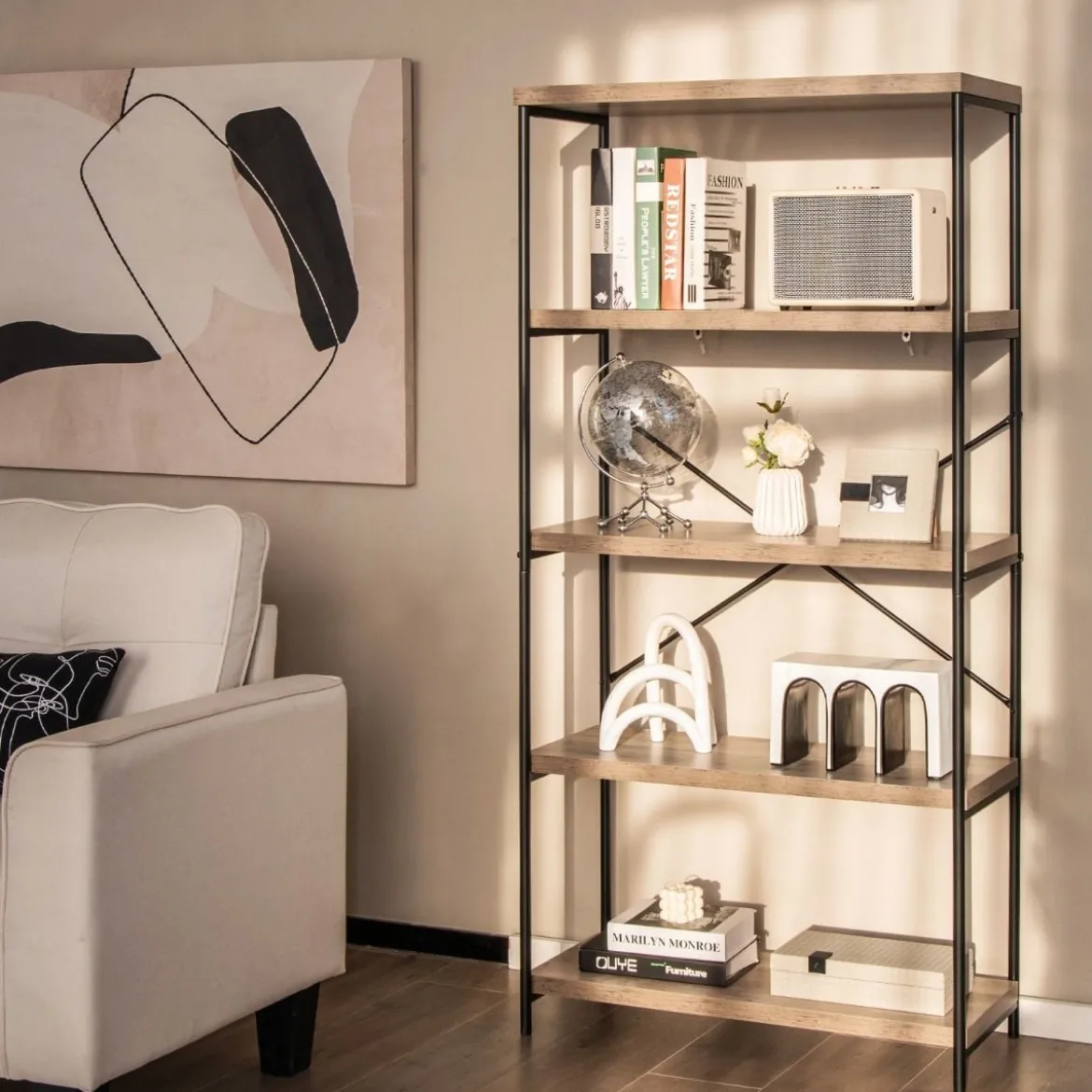 Bücherregal mit 5 Ebenen & Metallrahmen & Industrie-Design Standregal Büroregal Grau