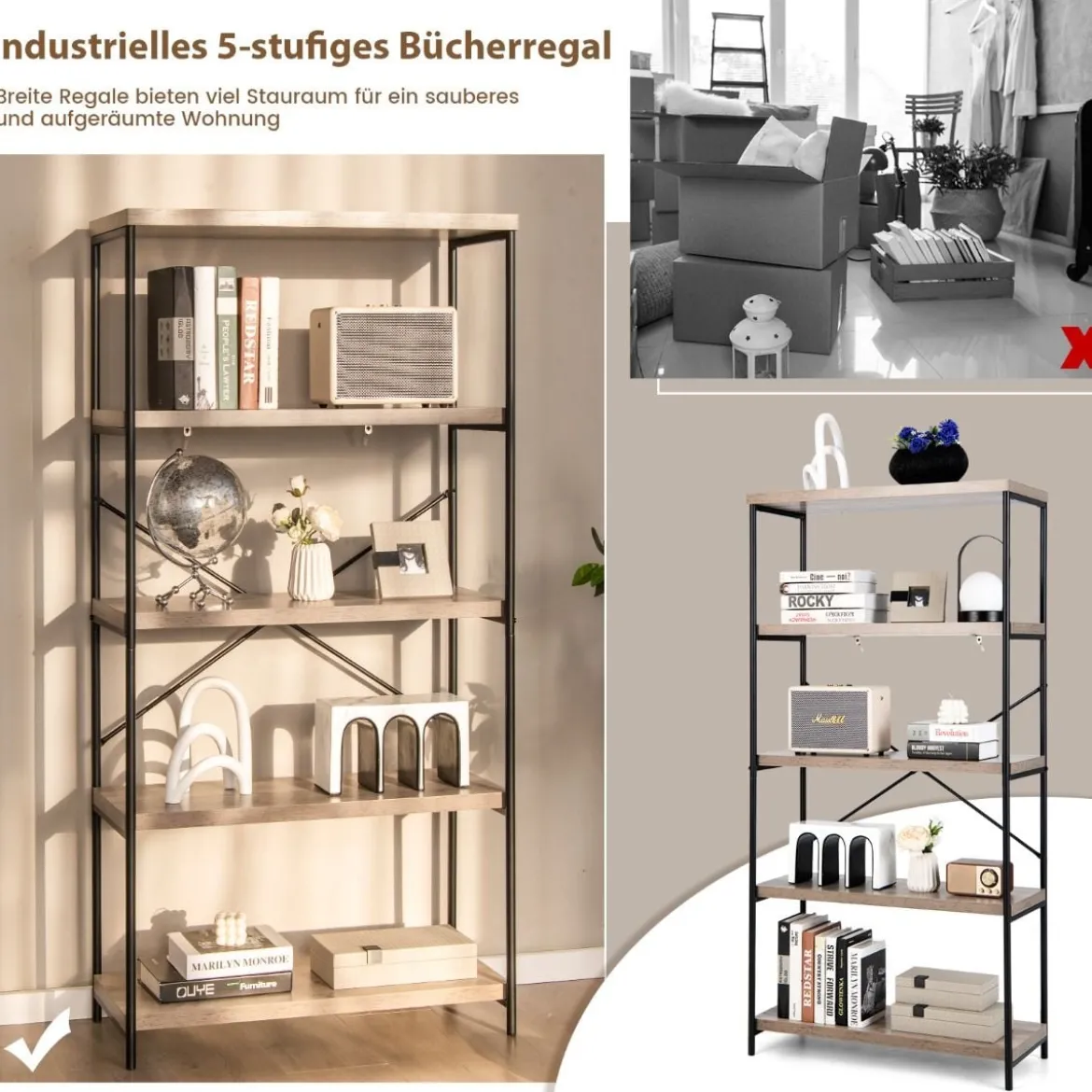 Bücherregal mit 5 Ebenen & Metallrahmen & Industrie-Design Standregal Büroregal Grau