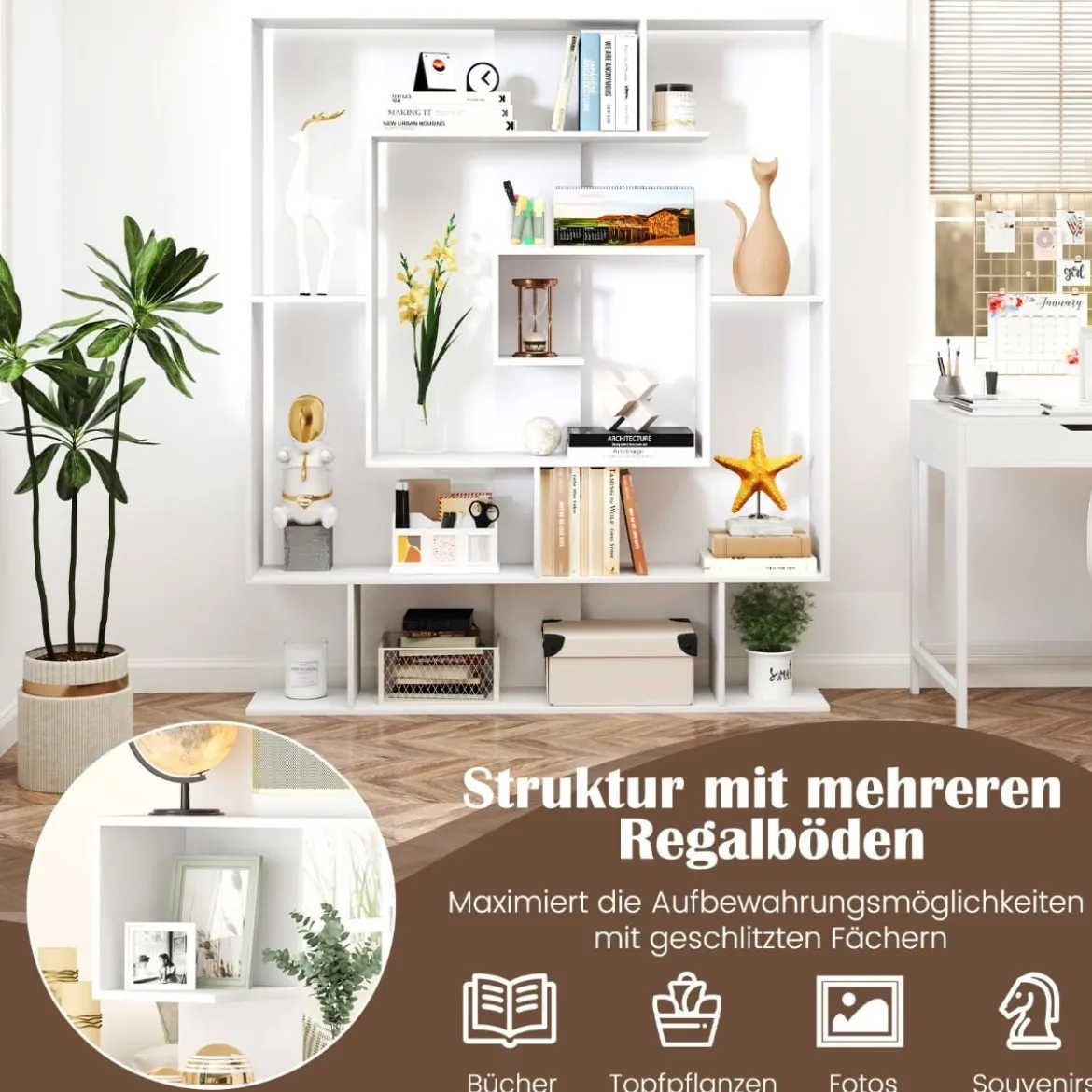 Bücherregal mit 7 Ebenen Raumteiler Regal Geometrisches Standregal Büroregal Ablageregal