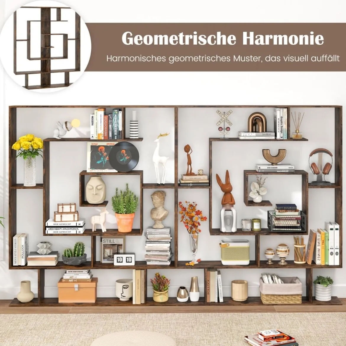Bücherregal mit 7 Ebenen Raumteiler Regal Geometrisches Standregal Büroregal Ablageregal