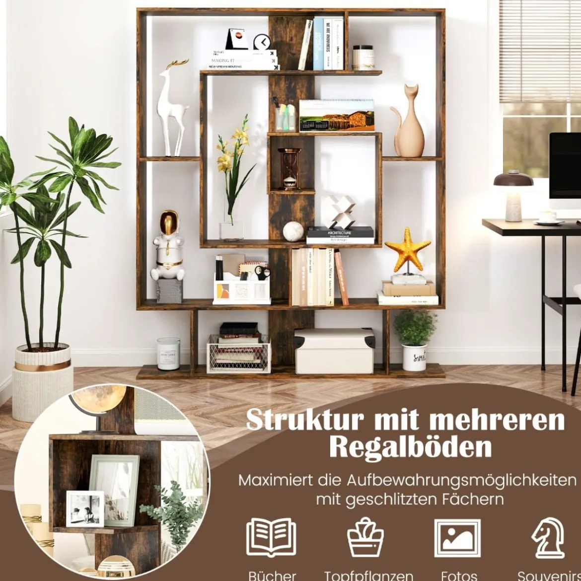 Bücherregal mit 7 Ebenen Raumteiler Regal Geometrisches Standregal Büroregal Ablageregal
