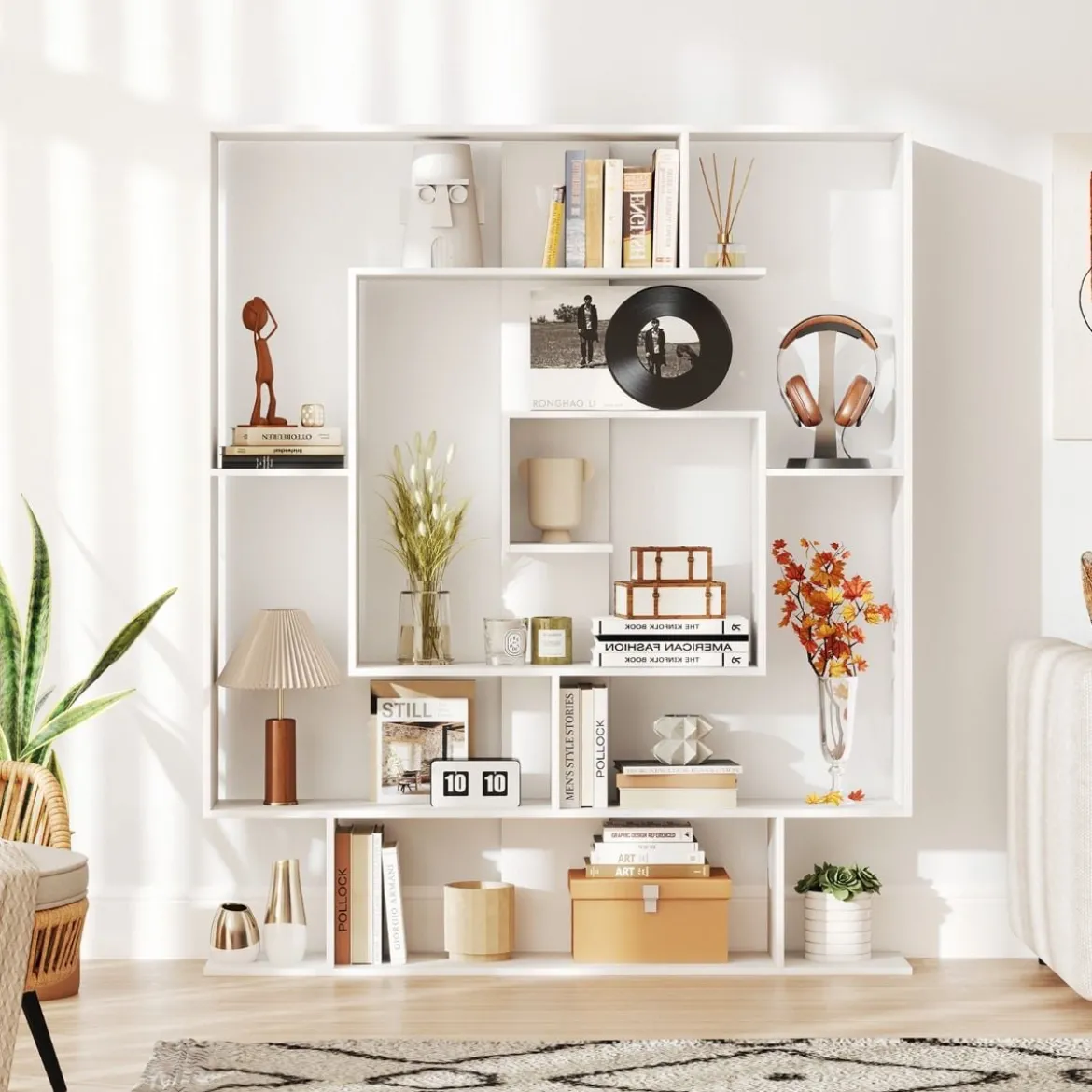 Bücherregal mit 7 Ebenen Raumteiler Regal Geometrisches Standregal Büroregal Ablageregal