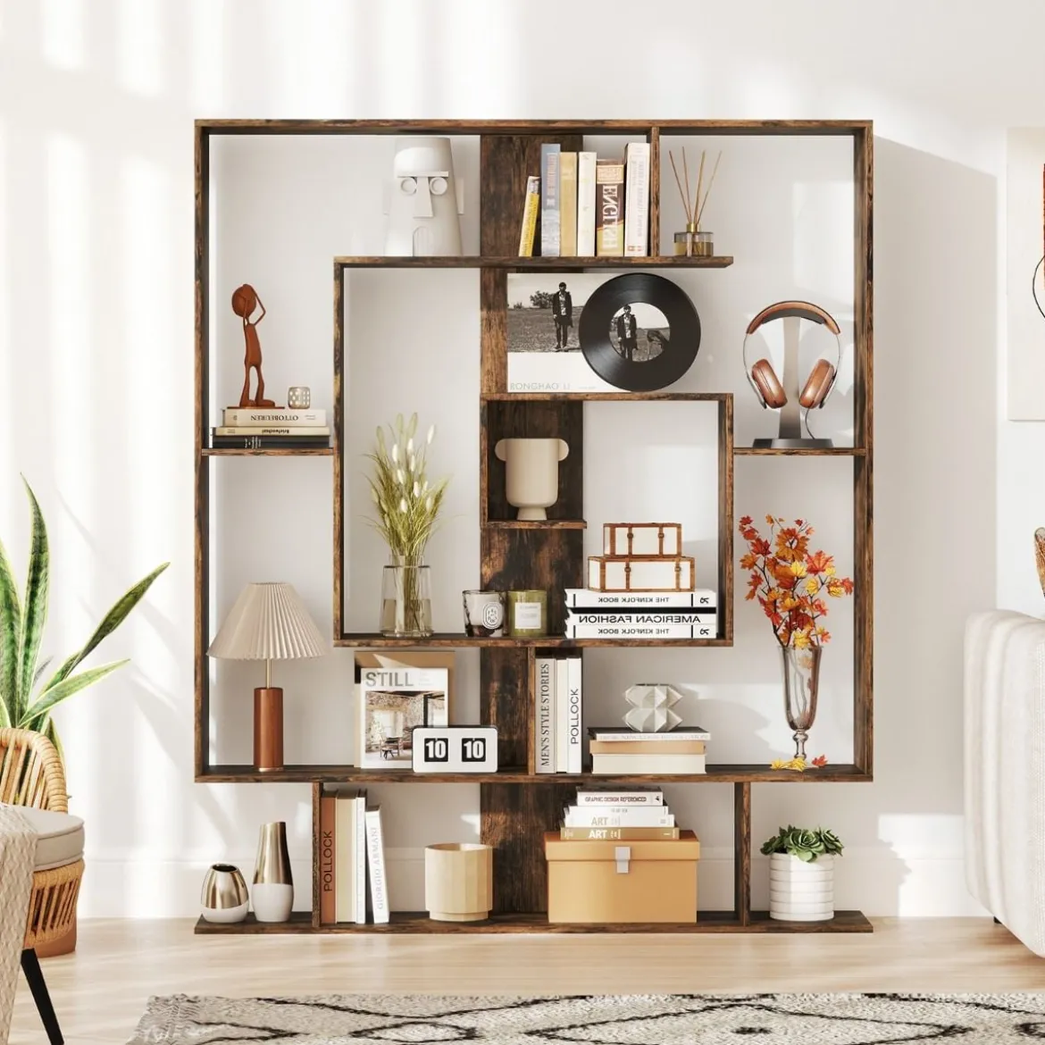 Bücherregal mit 7 Ebenen Raumteiler Regal Geometrisches Standregal Büroregal Ablageregal