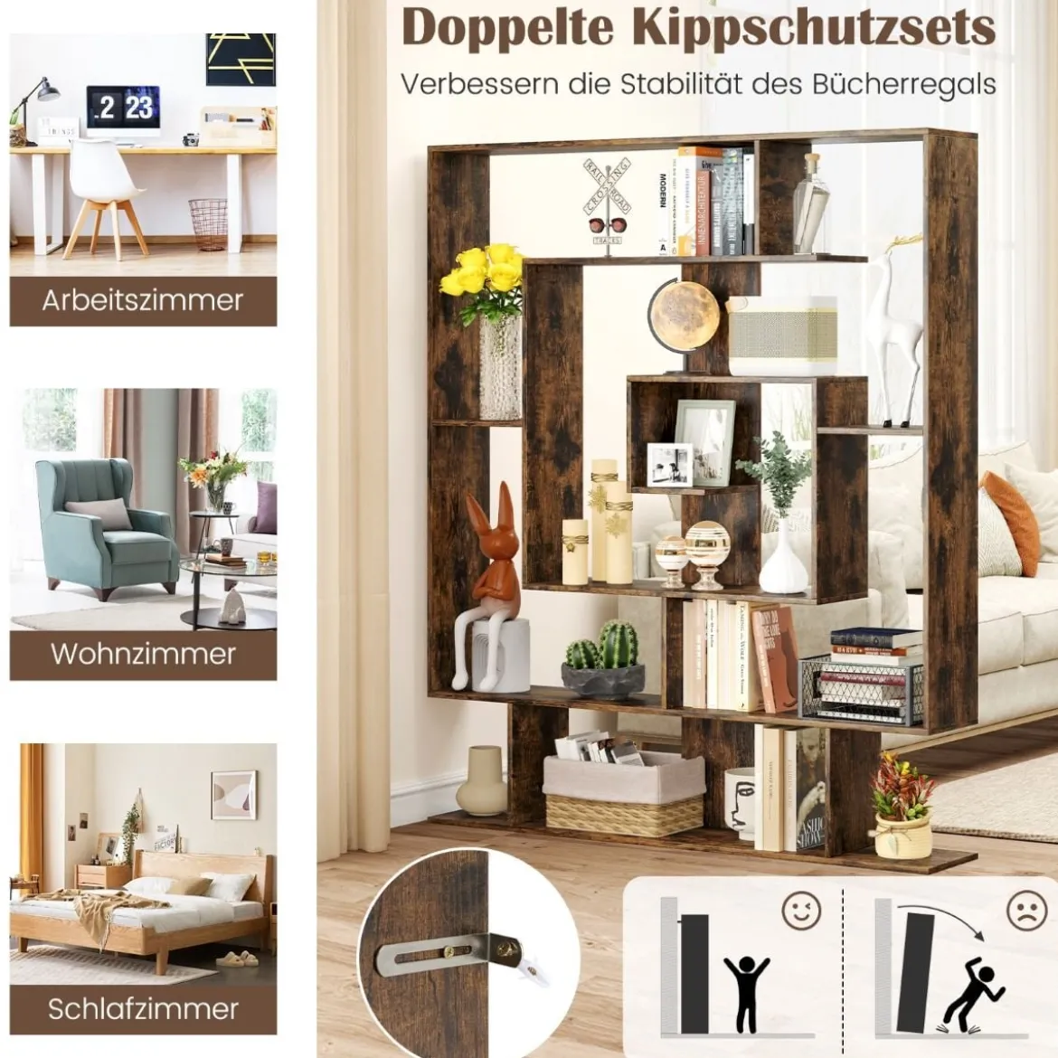 Bücherregal mit 7 Ebenen Raumteiler Regal Geometrisches Standregal Büroregal Ablageregal