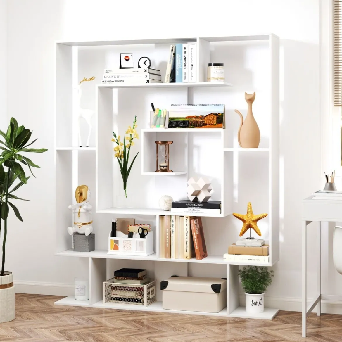 Bücherregal mit 7 Ebenen Raumteiler Regal Geometrisches Standregal Büroregal Ablageregal