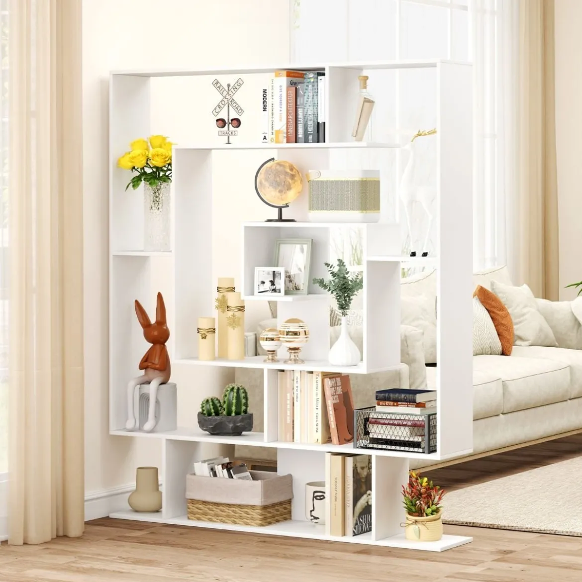 Bücherregal mit 7 Ebenen Raumteiler Regal Geometrisches Standregal Büroregal Ablageregal