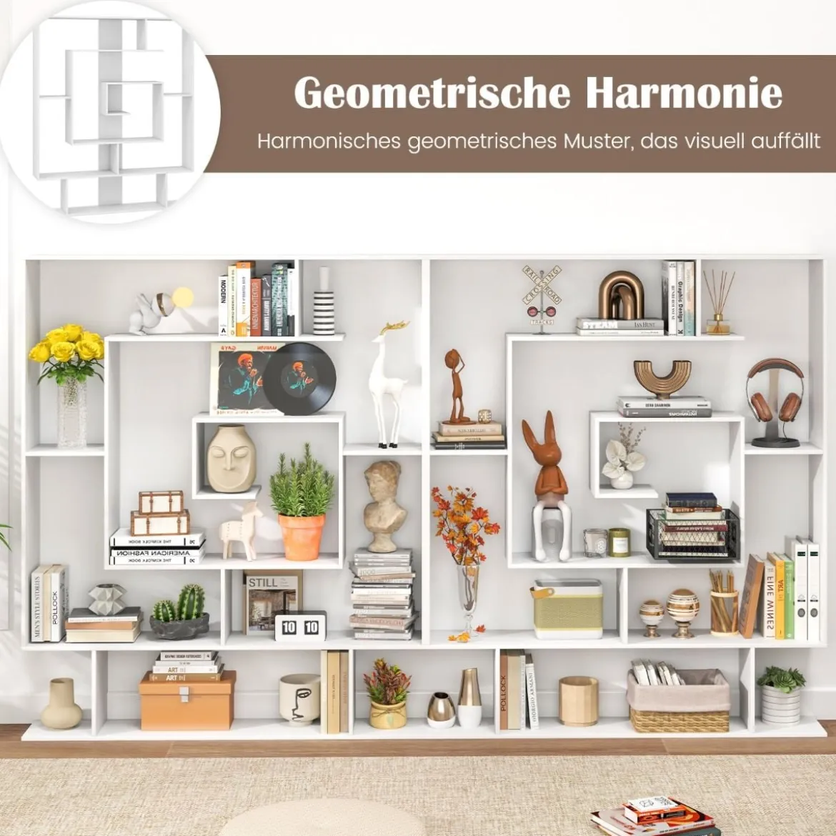 Bücherregal mit 7 Ebenen Raumteiler Regal Geometrisches Standregal Büroregal Ablageregal