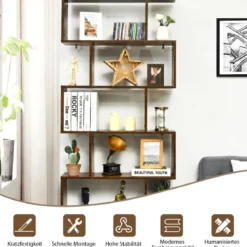 Bücherregal mit 6 Ebenen S-Form Standregal Freistehender Raumteiler Büroregal 80 x 23 x 192 cm