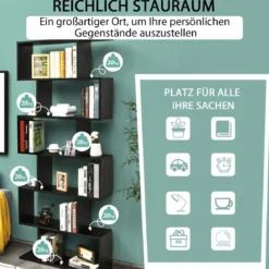 Bücherregal mit 6 Ebenen S-Form Standregal Freistehender Raumteiler Büroregal 80 x 23 x 192 cm