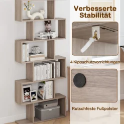 Bücherregal mit 6 Ebenen S-Form Standregal Freistehender Raumteiler Büroregal 80 x 23 x 192 cm