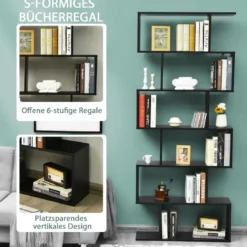 Bücherregal mit 6 Ebenen S-Form Standregal Freistehender Raumteiler Büroregal 80 x 23 x 192 cm