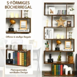 Bücherregal mit 6 Ebenen S-Form Standregal Freistehender Raumteiler Büroregal 80 x 23 x 192 cm