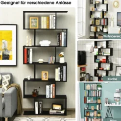 Bücherregal mit 6 Ebenen S-Form Standregal Freistehender Raumteiler Büroregal 80 x 23 x 192 cm