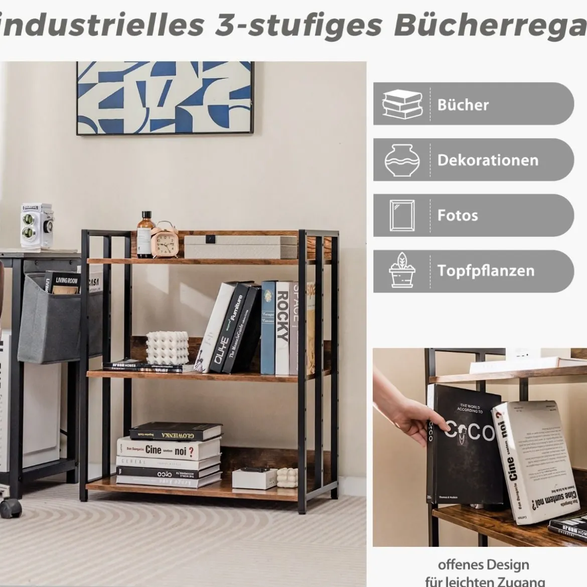 Bücherregal mit 3 Ebenen Standregal mit verstellbaren Regalböden und Metallrahmen 70 x 35 x 81 cm Grau/Rustikales Braun