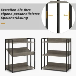 Bücherregal mit 3 Ebenen Standregal mit verstellbaren Regalböden und Metallrahmen 70 x 35 x 81 cm Grau/Rustikales Braun