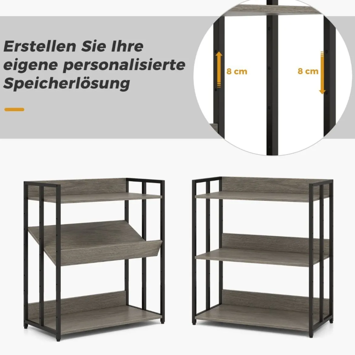 Bücherregal mit 3 Ebenen Standregal mit verstellbaren Regalböden und Metallrahmen 70 x 35 x 81 cm Grau/Rustikales Braun
