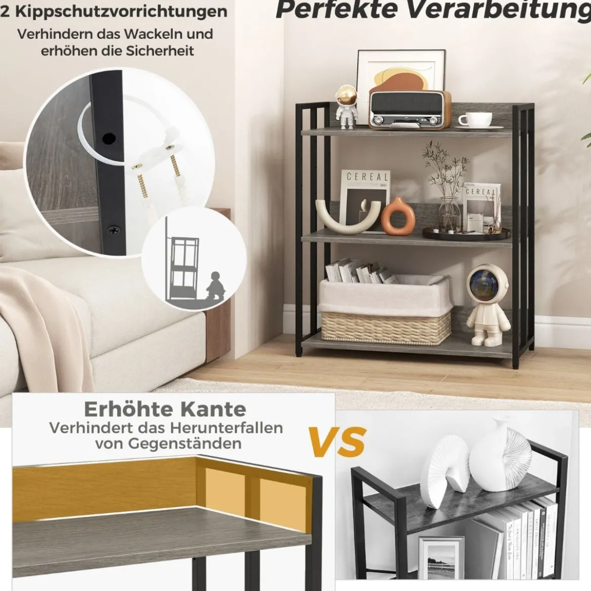 Bücherregal mit 3 Ebenen Standregal mit verstellbaren Regalböden und Metallrahmen 70 x 35 x 81 cm Grau/Rustikales Braun