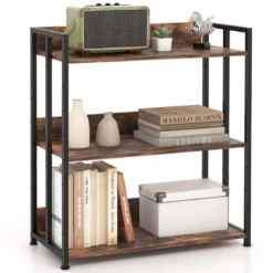 Bücherregal mit 3 Ebenen Standregal mit verstellbaren Regalböden und Metallrahmen 70 x 35 x 81 cm Grau/Rustikales Braun