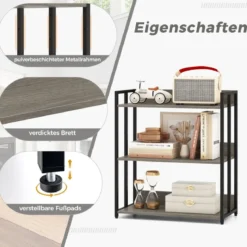 Bücherregal mit 3 Ebenen Standregal mit verstellbaren Regalböden und Metallrahmen 70 x 35 x 81 cm Grau/Rustikales Braun