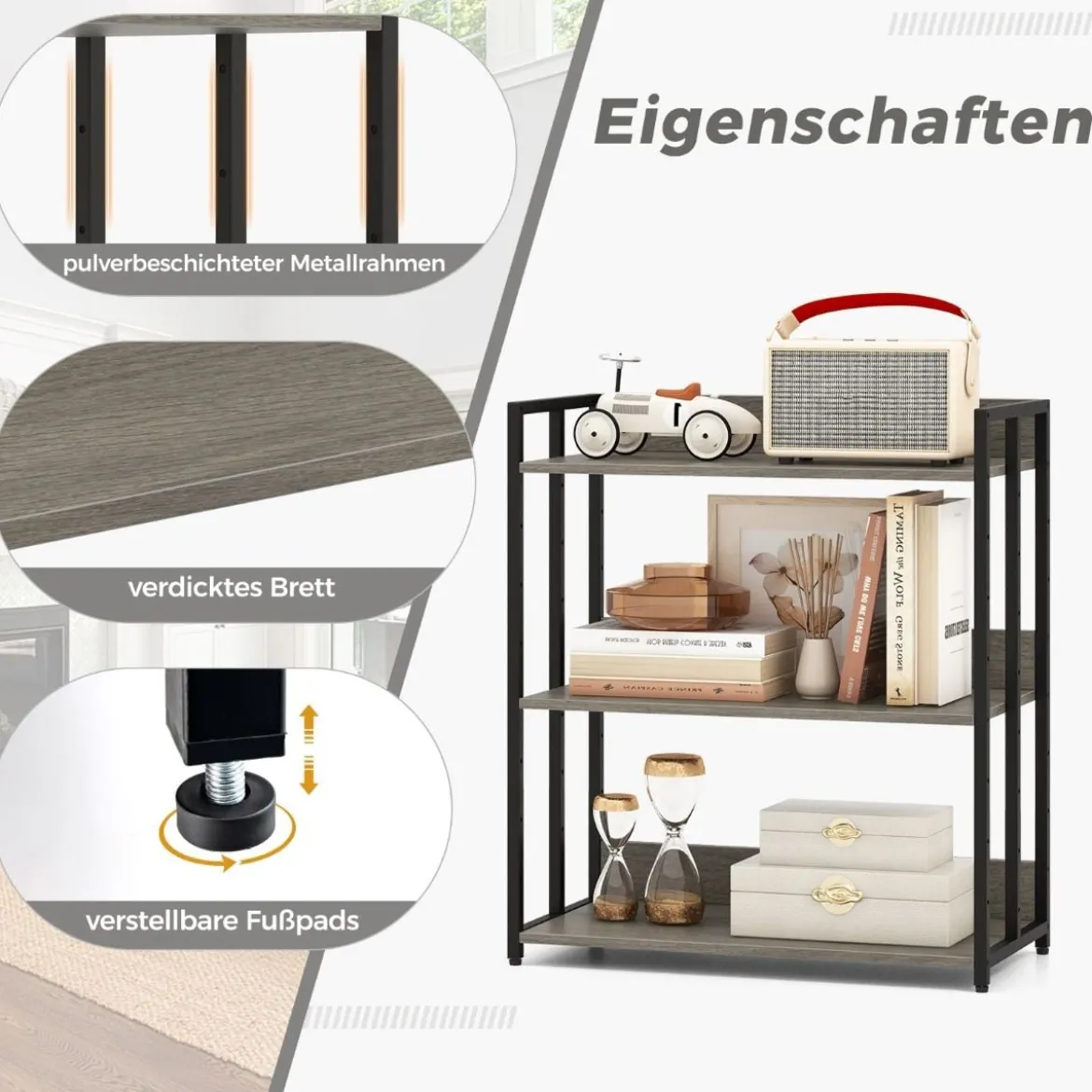 Bücherregal mit 3 Ebenen Standregal mit verstellbaren Regalböden und Metallrahmen 70 x 35 x 81 cm Grau/Rustikales Braun