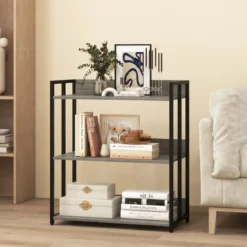 Bücherregal mit 3 Ebenen Standregal mit verstellbaren Regalböden und Metallrahmen 70 x 35 x 81 cm Grau/Rustikales Braun
