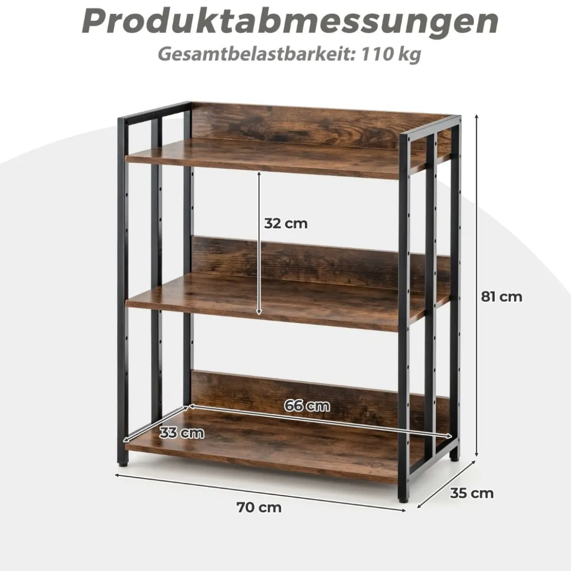 Bücherregal mit 3 Ebenen Standregal mit verstellbaren Regalböden und Metallrahmen 70 x 35 x 81 cm Grau/Rustikales Braun