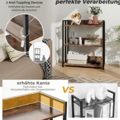 Bücherregal mit 3 Ebenen Standregal mit verstellbaren Regalböden und Metallrahmen 70 x 35 x 81 cm Grau/Rustikales Braun