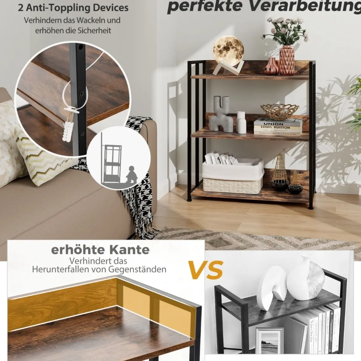 Bücherregal mit 3 Ebenen Standregal mit verstellbaren Regalböden und Metallrahmen 70 x 35 x 81 cm Grau/Rustikales Braun