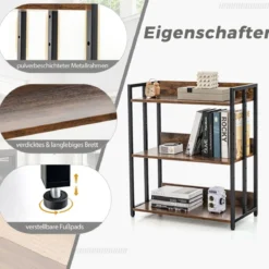 Bücherregal mit 3 Ebenen Standregal mit verstellbaren Regalböden und Metallrahmen 70 x 35 x 81 cm Grau/Rustikales Braun