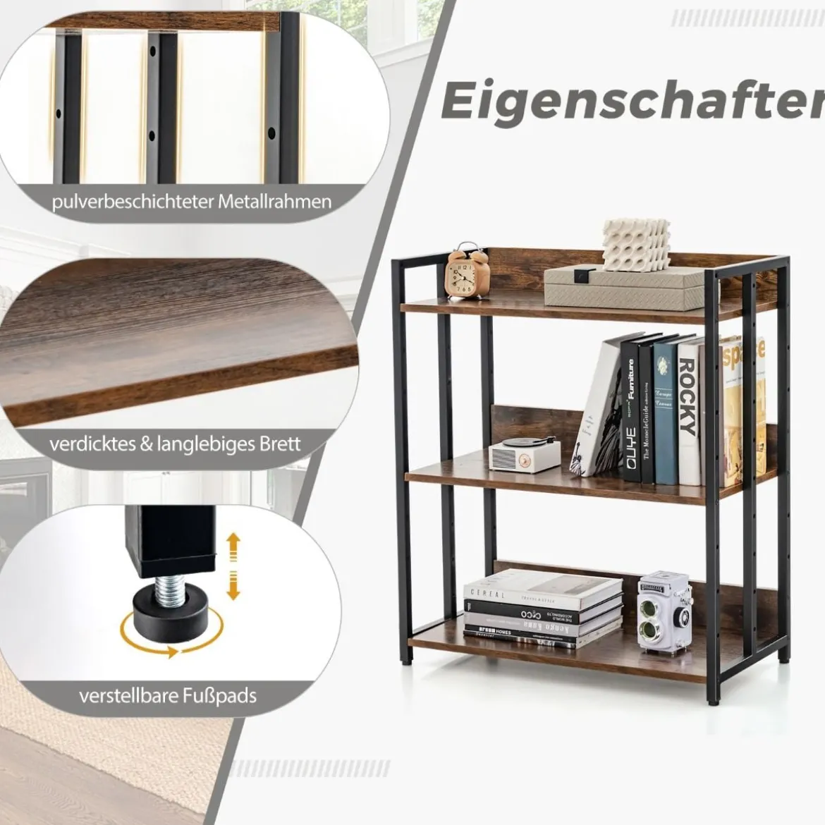 Bücherregal mit 3 Ebenen Standregal mit verstellbaren Regalböden und Metallrahmen 70 x 35 x 81 cm Grau/Rustikales Braun