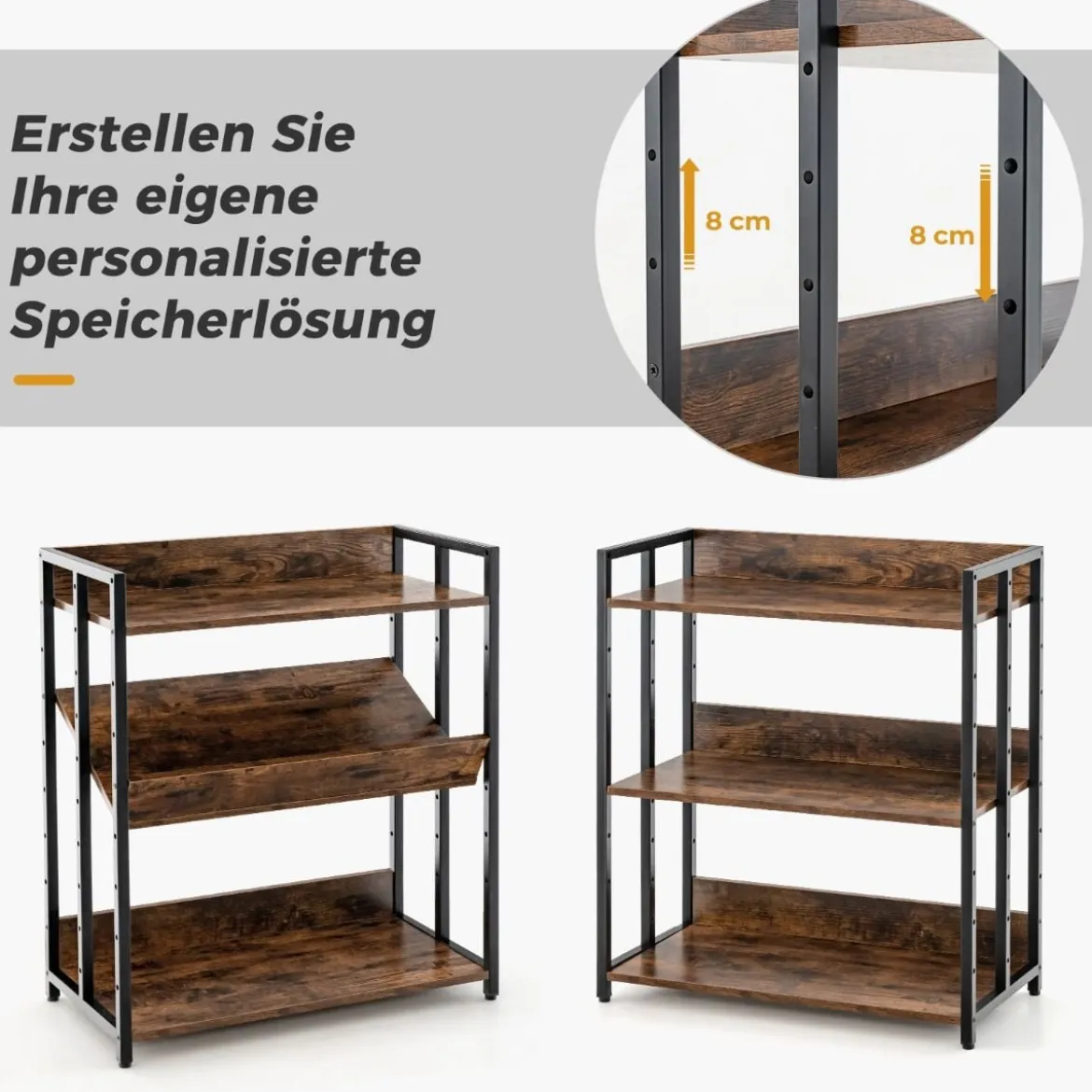 Bücherregal mit 3 Ebenen Standregal mit verstellbaren Regalböden und Metallrahmen 70 x 35 x 81 cm Grau/Rustikales Braun