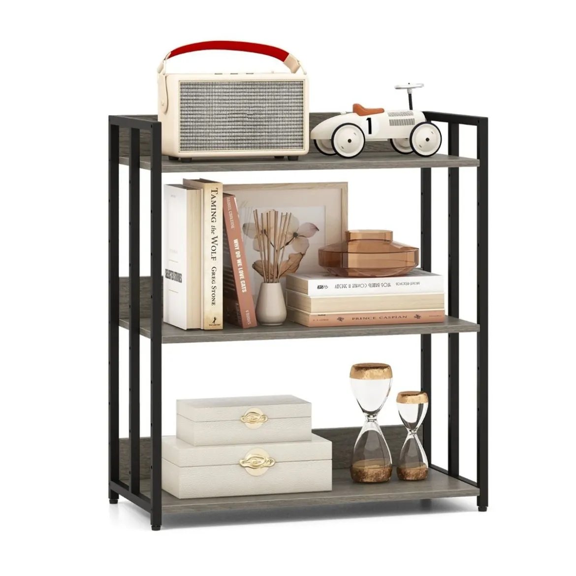 Bücherregal mit 3 Ebenen Standregal mit verstellbaren Regalböden und Metallrahmen 70 x 35 x 81 cm Grau/Rustikales Braun
