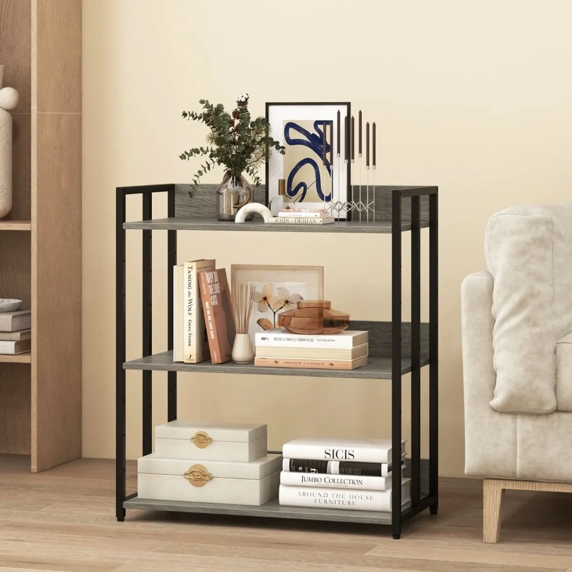 Bücherregal mit 3 Ebenen Standregal mit verstellbaren Regalböden und Metallrahmen 70 x 35 x 81 cm Grau/Rustikales Braun