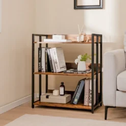 Bücherregal mit 3 Ebenen Standregal mit verstellbaren Regalböden und Metallrahmen 70 x 35 x 81 cm Grau/Rustikales Braun