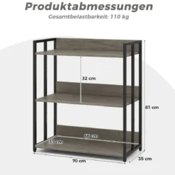 Bücherregal mit 3 Ebenen Standregal mit verstellbaren Regalböden und Metallrahmen 70 x 35 x 81 cm Grau/Rustikales Braun