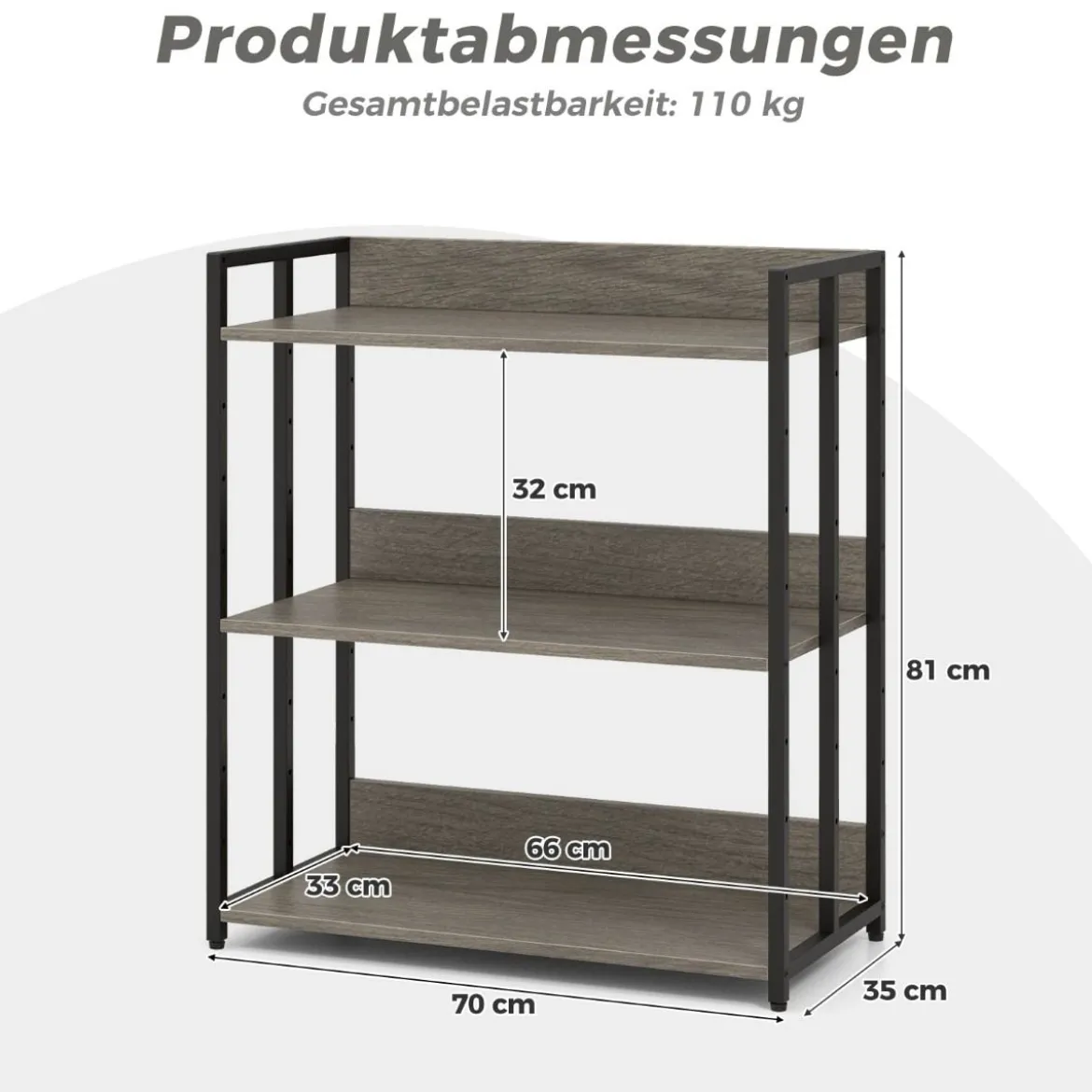 Bücherregal mit 3 Ebenen Standregal mit verstellbaren Regalböden und Metallrahmen 70 x 35 x 81 cm Grau/Rustikales Braun