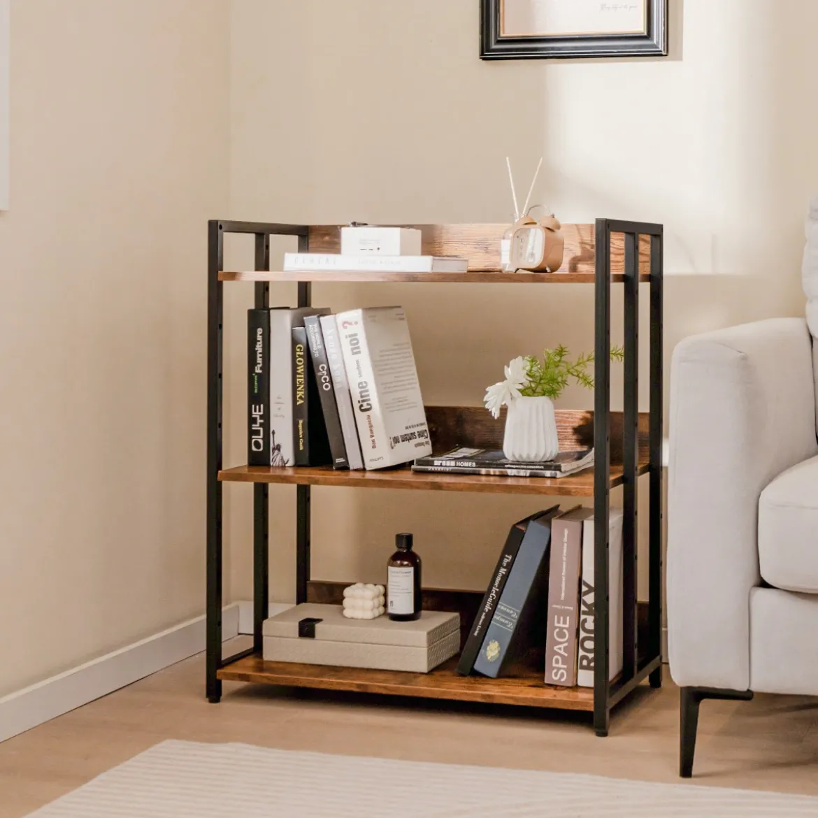 Bücherregal mit 3 Ebenen Standregal mit verstellbaren Regalböden und Metallrahmen 70 x 35 x 81 cm Grau/Rustikales Braun