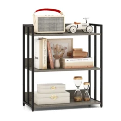Bücherregal mit 3 Ebenen Standregal mit verstellbaren Regalböden und Metallrahmen 70 x 35 x 81 cm Grau/Rustikales Braun