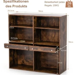 Bücherregal mit 6 Fächern & Ausziehbarem Regal Standregal 90 x 29,5 x 90 cm Vintagebraun