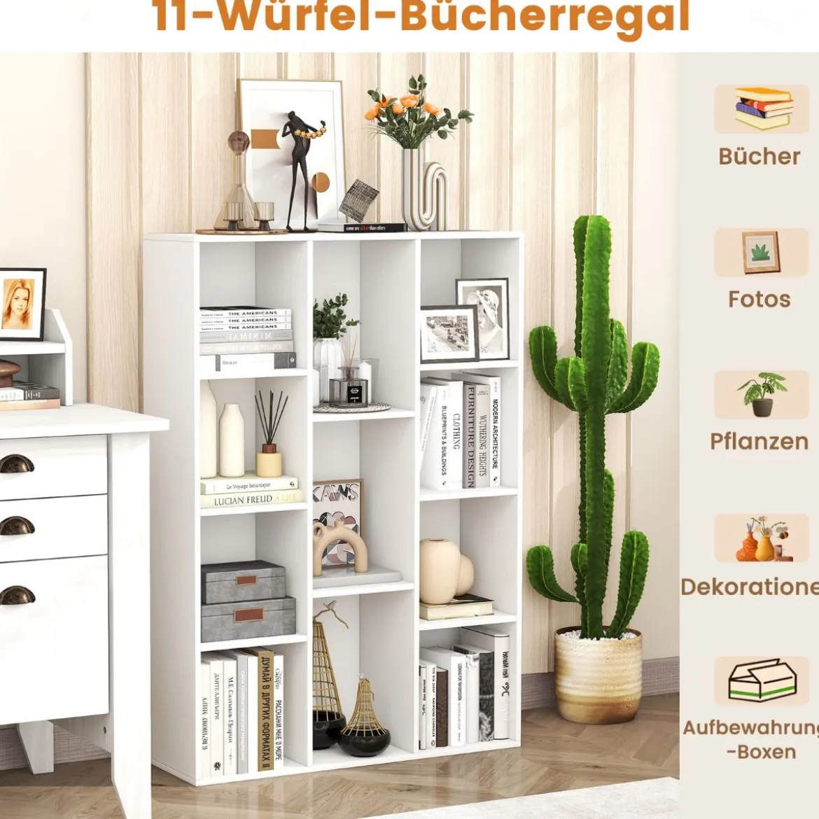 Bücherregal mit 11 Fächern Bücherschrank Büroregal Würfelregal 74 x 24 x 106 cm Weiß