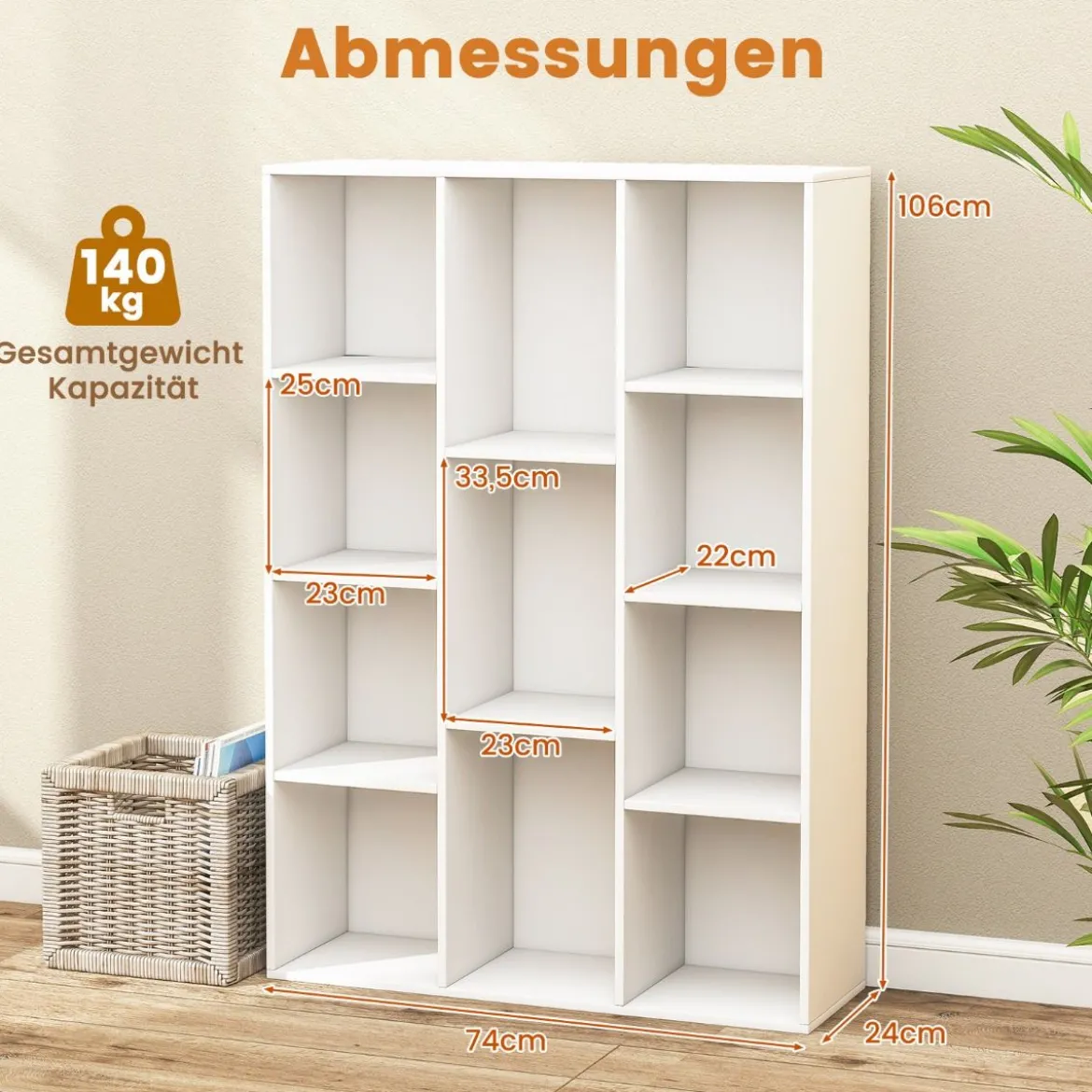 Bücherregal mit 11 Fächern Bücherschrank Büroregal Würfelregal 74 x 24 x 106 cm Weiß