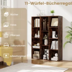 Bücherregal mit 11 Fächern Bücherschrank Büroregal Würfelregal 74 x 24 x 106 cm Kaffee