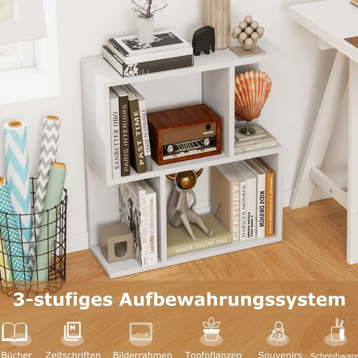 Bücherregal mit 4 Fächern Beistelltisch Couch Nachttisch Sofatisch Raumteiler Holz 50 x 17,5 x 55,5 cm Weiß