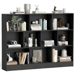 Bücherregal mit 10 Fächern freistehendes Aufbewahrungsregal mit 3 Ebenen und 2 Kippschutz-Sets Schwarz
