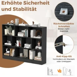 Bücherregal mit 10 Fächern freistehendes Aufbewahrungsregal mit 3 Ebenen und 2 Kippschutz-Sets Schwarz