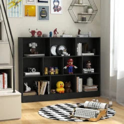 Bücherregal mit 10 Fächern freistehendes Aufbewahrungsregal mit 3 Ebenen und 2 Kippschutz-Sets Schwarz