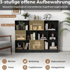 Bücherregal mit 10 Fächern freistehendes Aufbewahrungsregal mit 3 Ebenen und 2 Kippschutz-Sets Schwarz