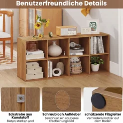 Bücherregal mit 8 Fächern freistehender Bücherschrank mit Kippshutz & rutschfesten Füßen Aufbewahrungsregal Natur